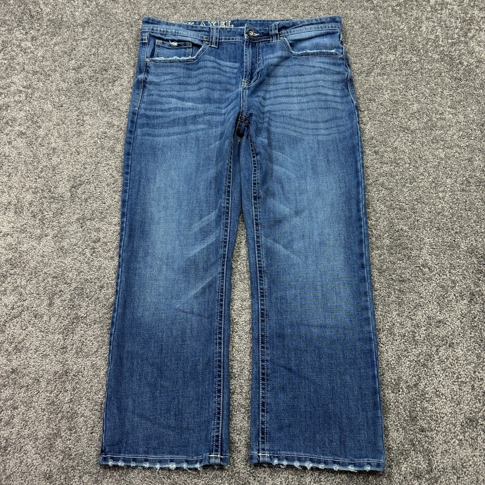 T.K. Axel Jeans Mens 36x30 Blue Straight Leg Medium Wash Denim Pockets Work Logo